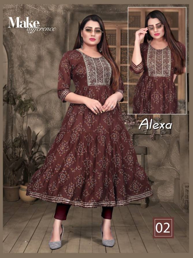 Aagya Golden Alexa Rayon Printed fancy Wear Designer Long Kurti Collection